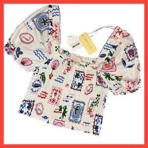 Monteau Linen Blend Smocked Crop Top Square Neck Puff‎ Sleeve Tropical Print